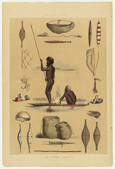Artist: b'Angas, George French.' | Title: b'The Aboriginal inhabitants [2].' | Date: 1846-47 | Technique: b'lithograph, printed in colour, from multiple stones; varnish highlights by brush'