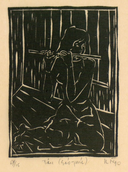 Artist: b'Nguyen, Tuyet Bach.' | Title: b'Tieu (Sao truc) [Bamboo flute]' | Date: 1990 | Technique: b'linocut, printed in black ink, from one block'