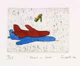 Artist: b'Fransella, Graham.' | Title: b'Planes in love'. | Date: 1980 | Technique: b'etching, aquatint and foul biting, printed in black ink, from one plate; hand-coloured' | Copyright: b'Courtesy of the artist'