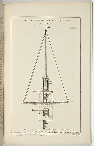 Title: b'Magnetic observatory Flagstaff Hill, Melbourne, plan and elevation of meteorological stand.' | Date: 1858-1859 | Technique: b'lithograph, printed in black ink, from one stone'