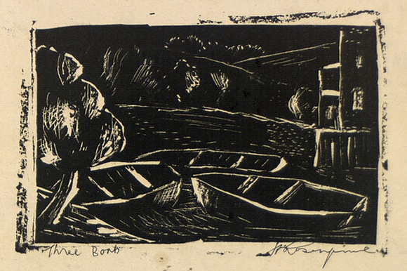 Artist: b'ROSENGRAVE, Harry' | Title: b'Three boats' | Date: 1955 | Technique: b'linocut, printed in black ink, from one block'