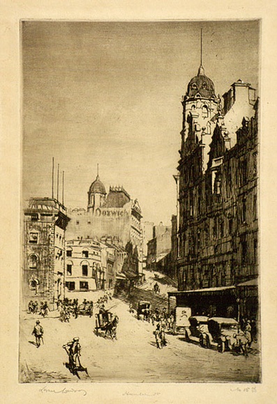 Artist: b'LINDSAY, Lionel' | Title: b'Hunter Street, Sydney' | Date: 1922 | Technique: b'etching, printed in brown ink with plate-tone, from one plate' | Copyright: b'Courtesy of the National Library of Australia'