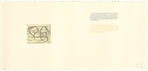 Artist: b'Meldrum-Hanna, Bill.' | Title: b'not titled [Le froid a de la peine a geler ces paroles].' | Date: 1998 | Technique: b'etching and aquatint, printed in colour, from one plate; relief roll'