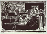 Artist: b'JABBAR, Ali' | Title: b'not titled [woman lying on couch]' | Date: 1989 | Technique: b'linocut, printed in black ink, from one block'