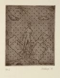 Artist: Palethorpe, Jan | Title: not titled [figure standing in stream in mountains] | Date: 1989 | Technique: etching, printed in black ink, from one plate