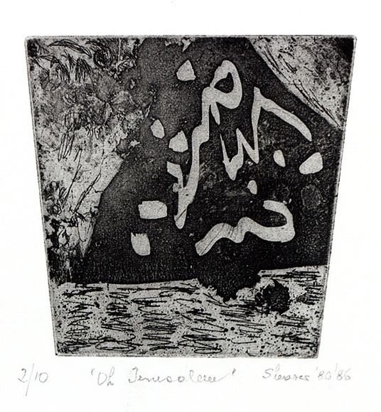 Artist: b'SHEARER, Mitzi' | Title: b'Oh Jerusalem' | Date: 1980-86 | Technique: b'etching and aquatint, printed in black ink, from one plate'