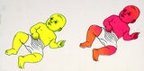 Artist: b'MERD INTERNATIONAL' | Title: b'Poster: (Two babies - pink and yellow)' | Date: 1984 | Technique: b'screenprint'