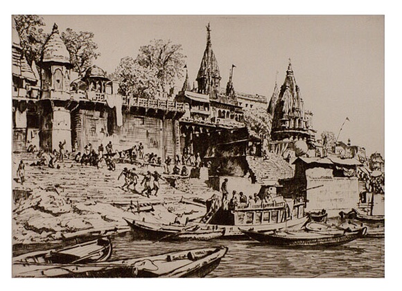 Artist: b'LINDSAY, Lionel' | Title: b'The burning ghat, Benares' | Date: 1930 | Technique: b'drypoint, printed in brown ink, from one plate' | Copyright: b'Courtesy of the National Library of Australia'