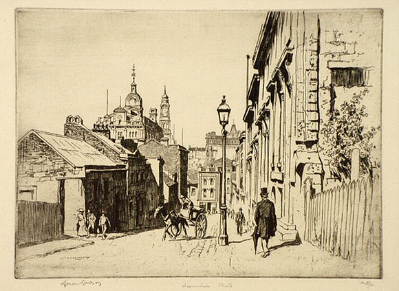 Artist: b'LINDSAY, Lionel' | Title: b'Jamieson Street, Sydney.' | Date: 1936 | Technique: b'etching, printed in brown/black ink with plate-tone, from one plate' | Copyright: b'Courtesy of the National Library of Australia'