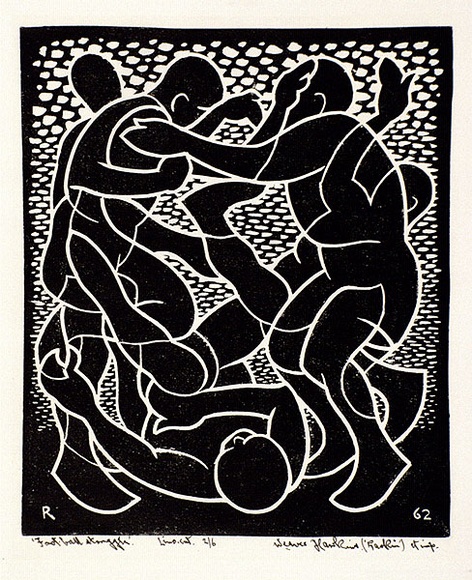 Artist: b'Hawkins, Weaver.' | Title: b'Football struggle' | Date: 1962 | Technique: b'linocut, printed in black ink, from one block' | Copyright: b'The Estate of H.F Weaver Hawkins'