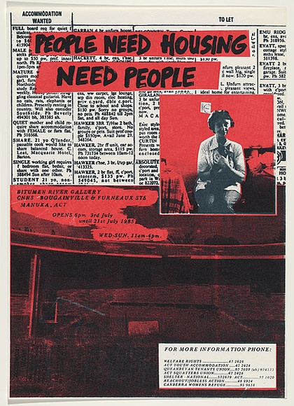 Artist: b'UNKNOWN' | Title: b'People need housing, need people - Bitumen River Gallery' | Date: 1985 | Technique: b'screenprint, printed in colour, from two stencils'