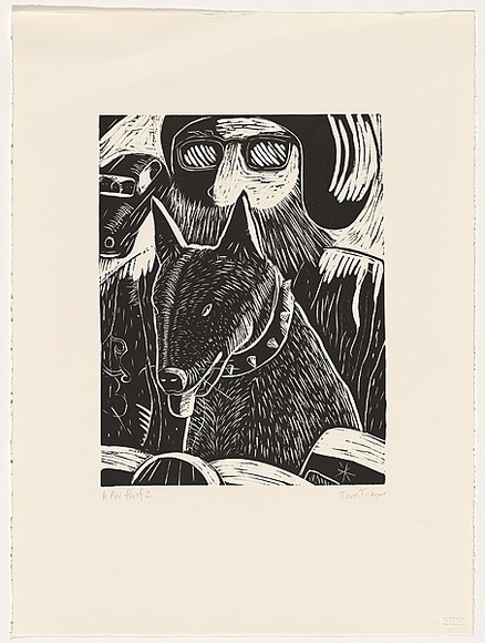 Artist: b'Trikojus, Jane.' | Title: b'not titled [Dog and man]' | Date: 1989 | Technique: b'linocut, printed in black ink, from one block' | Copyright: b'\xc2\xa9 Jane Trikojus'