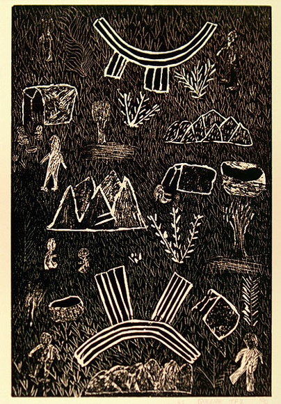 Artist: b'Kngwarrete, Queenie.' | Title: b'not titled [No.45]' | Date: 1990 | Technique: b'woodcut, printed in black ink, from one block'