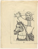 Title: b'not titled [knight on horseback with raised sword]' | Date: 1950s-60s | Technique: b'lithograph, printed in black ink, from one stone'