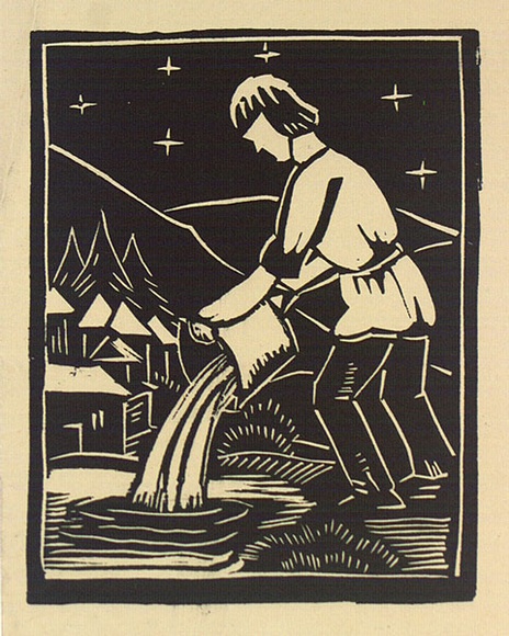 Artist: b'Allen, Joyce.' | Title: b'(The giant pouring water).' | Date: 1948 | Technique: b'linocut, printed in black ink, from one block'