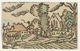 Artist: O'Connell, Ella. | Title: New Perry Green: a postcard. | Date: (1939) | Technique: linocut, rubber stamps, pen and ink, hand-coloured