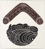 Artist: b'Cullinan, Valerie.' | Title: b'not titled [honey ants and witchety grubs in bowl with boomerang]' | Date: 1997 | Technique: b'linocut, printed in brown and black inks, from two blocks'