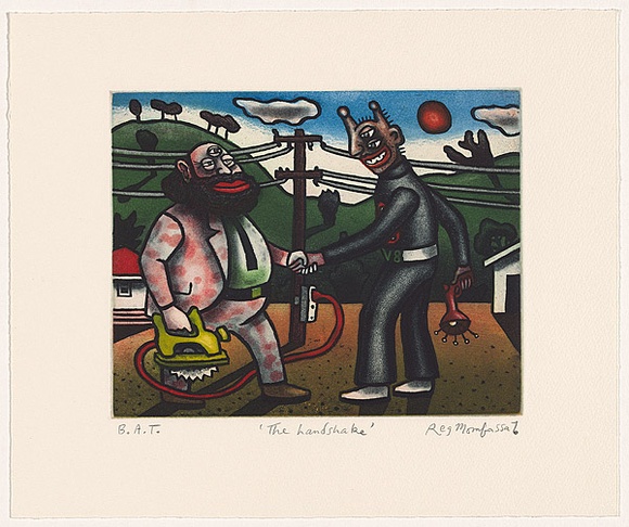 Artist: b'Mombassa, Reg.' | Title: b'The handshake' | Date: 2003 | Technique: b'etching and aquatint, printed in colour, from multiple plates'