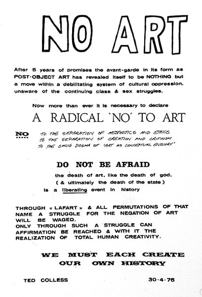 Artist: b'Colless, Ted.' | Title: b'No art.' | Date: 1975 | Technique: b'screenprint, printed in black ink, from one stencil'