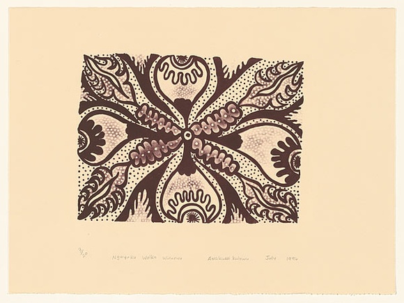 Artist: b'KULYURU, Angkuna' | Title: b'Ngayuku Walka Wirunya' | Date: 1994, July | Technique: b'lithograph, printed in purple from one stone [or plate]' | Copyright: b'Angkuna Kulyuru, Ernabella Arts'