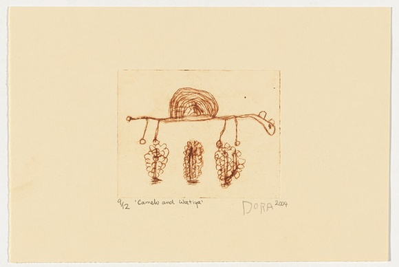 Artist: b'Napurrula Long, Dora.' | Title: b'Camelo and watiya' | Date: 2004 | Technique: b'drypoint etching, printed in brown ink, from one perspex plate'