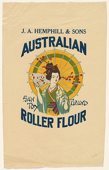 Title: b'not titled [Australian roller flour: san toy brand]' | Date: c.1920s | Technique: b'relief print, printed in colour, from commercially produced stamps; addition of colour stencil'