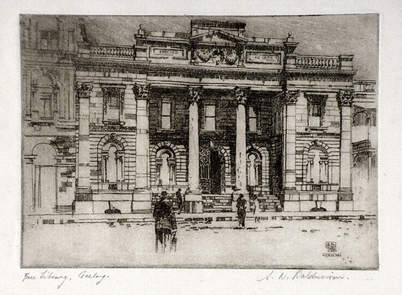 Artist: b'Baldwinson, Arthur.' | Title: b'Free Library, Geelong.' | Date: 1928 | Technique: b'etching, printed in dark brown ink with plate-tone, from one  plate'