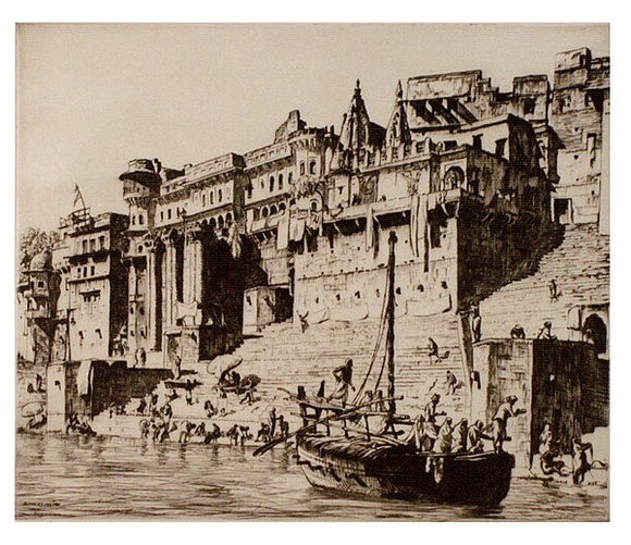 Artist: b'LINDSAY, Lionel' | Title: b'Palaces, Benares' | Date: 1930 | Technique: b'drypoint, printed in brown ink, from one plate' | Copyright: b'Courtesy of the National Library of Australia'