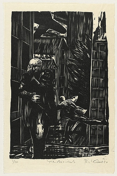 Artist: b'AMOR, Rick' | Title: b'The accident.' | Date: 1990 | Technique: b'woodcut, printed in black ink, from one block'