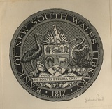 Artist: FEINT, Adrian | Title: Bookplate: Bank of New South Wales Library, 1817. | Date: (1936) | Technique: line block, printed in black ink, from one process block | Copyright: Courtesy the Estate of Adrian Feint