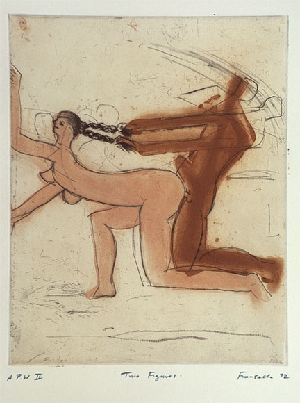 Artist: b'Fransella, Graham.' | Title: b'Two figures' | Date: 1992 | Technique: b'etching, softground, drypoint and spit-bite, printed in colour, from three plates' | Copyright: b'Courtesy of the artist'