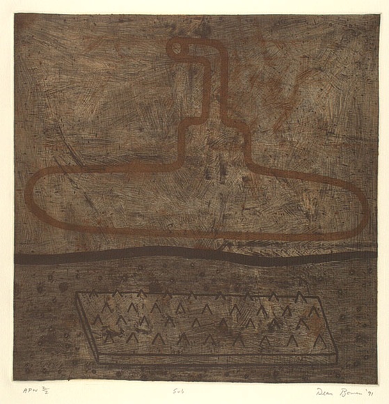 Artist: b'Bowen, Dean.' | Title: b'Sub' | Date: 1991 | Technique: b'etching, printed in brown, ochre and black ink, from three plates'