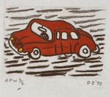 Artist: b'Bowen, Dean.' | Title: b'not titled [red car]' | Date: 1992 | Technique: b'etching, printed in black ink, from one plate; handcoloured'