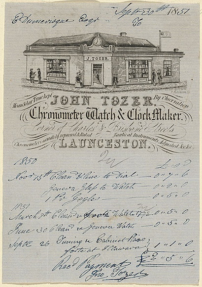 Artist: b'Robinson, T.E.' | Title: b'Billhead: John Tozer, Chronometer, watch and clock maker, Launceston.' | Date: 1851 | Technique: b'line-engraving, printed in black ink, from one copper plate'