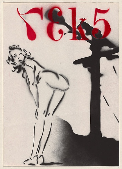 Artist: b'Reks.' | Title: b'Not titled [woman with streetpole]' | Date: 2004 | Technique: b'stencil, printed in black and red ink, from three stencils'