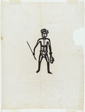 Artist: b'TUNGUTALUM, Bede' | Title: b'Man with spear and fish' | Date: 1970s | Technique: b'woodcut, printed in black ink, from one block'