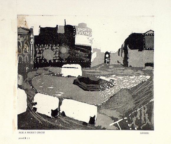 Artist: b'Moore, Mary.' | Title: b'Pick-A-Pocket, Circus, London' | Date: 1980 | Technique: b'aquatint, printed in black' | Copyright: b'\xc2\xa9 Mary Moore'