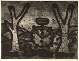 Artist: b'Bowen, Dean.' | Title: b'(Alarm clock between two trees)' | Date: 1992 | Technique: b'etching, printed in black ink, from one plate'