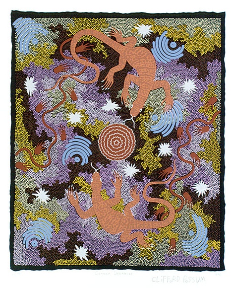 Artist: b'Tjapaltjarri, Clifford Possum.' | Title: b'Goanna dreaming' | Date: 1992 | Technique: b'screenprint, printed in colour, from 10 stencils'