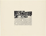 Title: not titled [people on benches outside cafeteria] | Date: 1968 | Technique: offset-lithograph, printed in black ink, from one plate