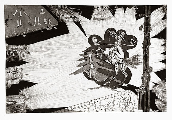 Artist: b'COLEING, Tony' | Title: b'Helping my Koala across the road.' | Date: 1986 | Technique: b'etching, aquatint and roulette, printed in black ink, from one copper plate'