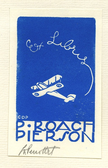 Artist: b'PERROTTET, George' | Title: b'Bookplate: P Roach-Pierson.' | Date: 1932 | Technique: b'linocut, printed in blue ink, from one block'