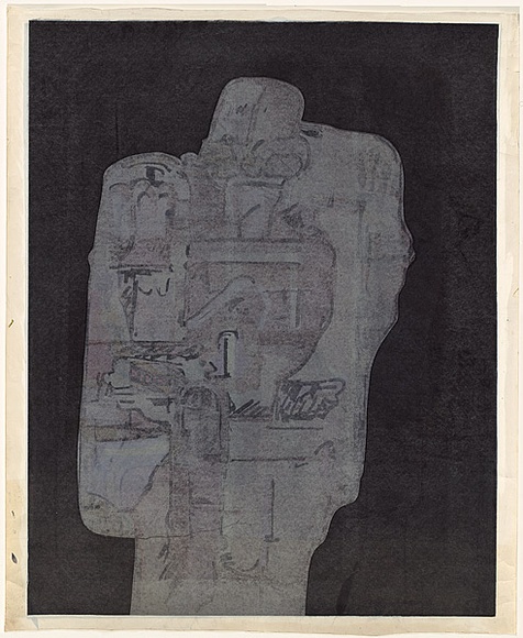 Title: b'not titled [abstracted figure on dark background]' | Date: c.1966 | Technique: b'screenprint, printed in colour, from multiple stencils'