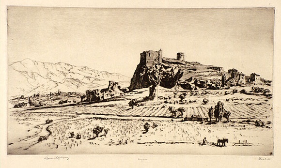 Artist: b'LINDSAY, Lionel' | Title: b'Ruined castle near Hyeres, France' | Date: 1928 | Technique: b'drypoint, printed in brown ink with plate-tone, from one plate' | Copyright: b'Courtesy of the National Library of Australia'