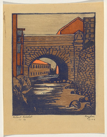 Artist: b'Cox, Roy.' | Title: b'Hobart rivulet.' | Date: c.1938 | Technique: b'linocut, printed in colour, from mutliple blocks'