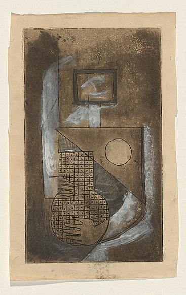 Title: b'not titled [Holding a vase]' | Date: c.1950 | Technique: b'etching, printed in brown ink, from one plate; white gouache'