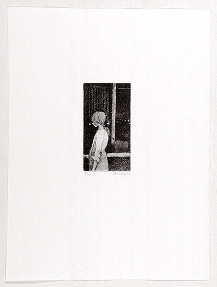 Artist: b'Dunlop, Brian.' | Title: b'Girl in a barn.' | Date: 1988 | Technique: b'etching, printed in black ink, from one plate'