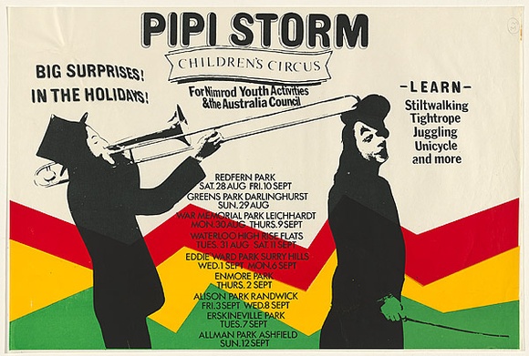 Artist: b'EARTHWORKS POSTER COLLECTIVE' | Title: bPipi Storm: Children's Circus | Date: 1976 | Technique: b'screenprint, printed in colour, from four stencils'