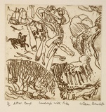 Artist: b'Robinson, William.' | Title: b'Landscape with rider' | Date: 1990 | Technique: b'softground etching, printed in green-brown ink, from one plate'