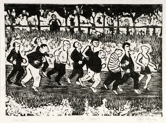 Artist: b'Allen, Joyce.' | Title: b'The joggers.' | Date: 1970 | Technique: b'linocut, printed in black ink, from one block'